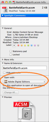 Get info window open with Open with Adobe Digital Editions selected